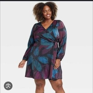 Ava & Viv Sheer Wrap Midi Dress Balloon Long Sleeve Teal Burgundy/Blue Sz 1X NWT